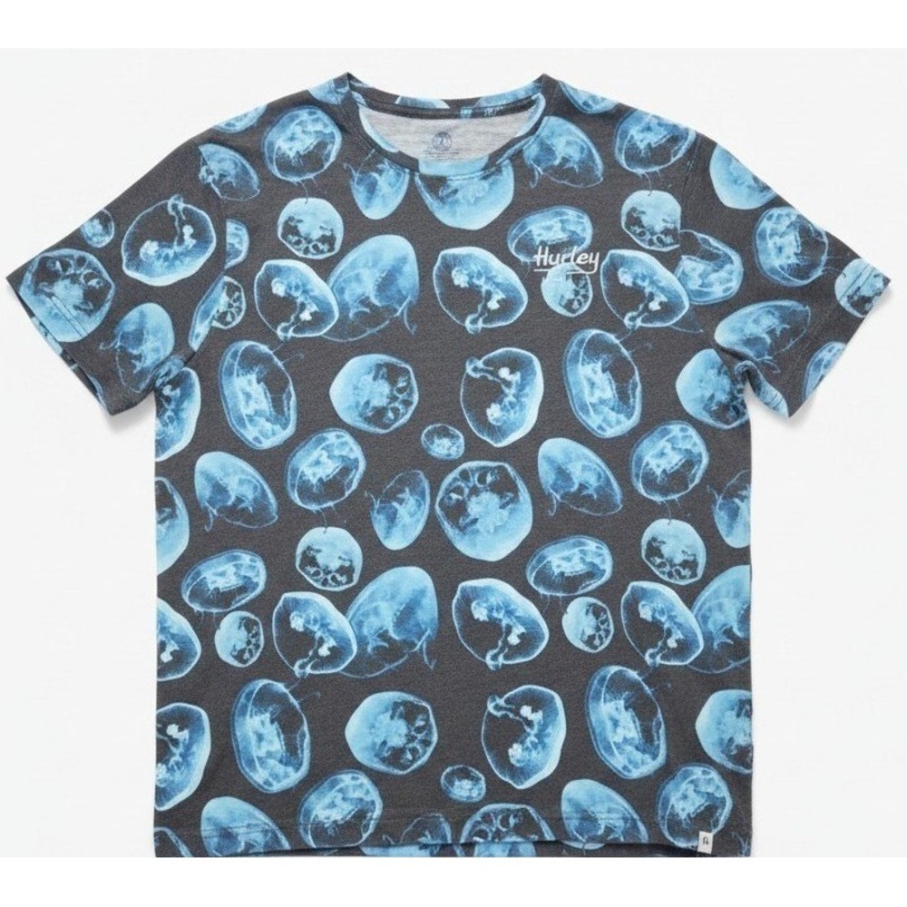 Hurley Mens T-Shirt Large Blue Jellyfish Graphic Short Sleeve‎ All Over Print